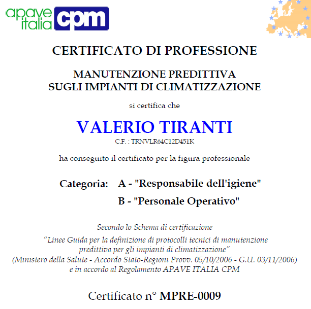 certificato di sanificatore